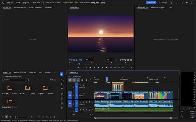 FilmCraft with a project on the timeline